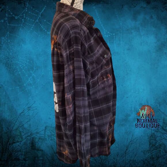 Gothic Button-Up Flannel Shirt, Wearing Black and White Plaid Large - Picture 4 of 9